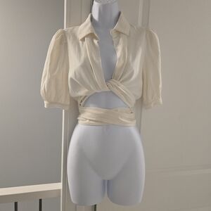 Forever 21 Cream Linen Blend Wrap-Around Self-Tie Crop Top. Size S.